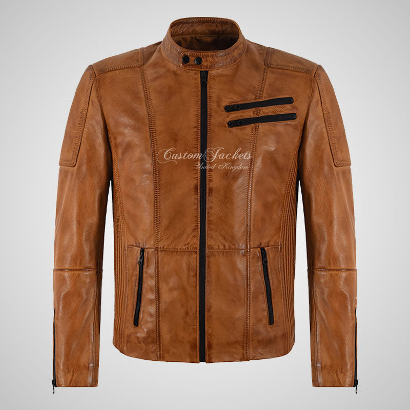 ZANE Mens Leather Biker Jacket Tan Waxed Soft Lambskin