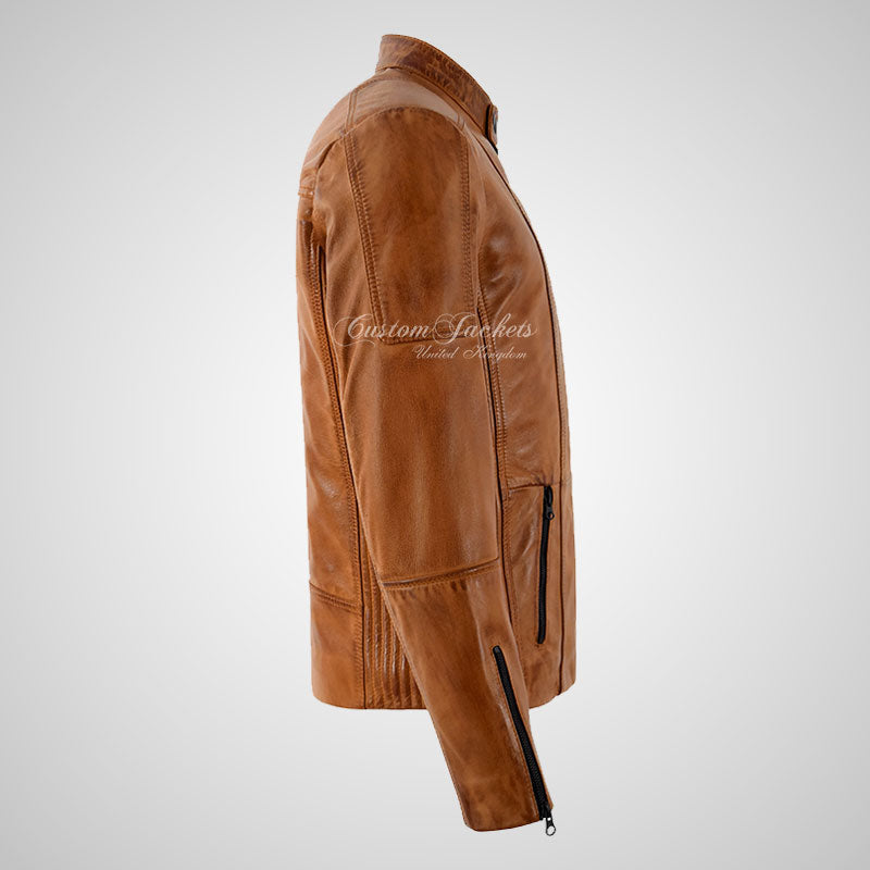 ZANE Mens Leather Biker Jacket Tan Waxed Soft Lambskin