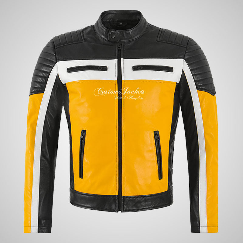 DE LUCA Leather Biker Jacket For Mens Yellow/Black Moto Jacket