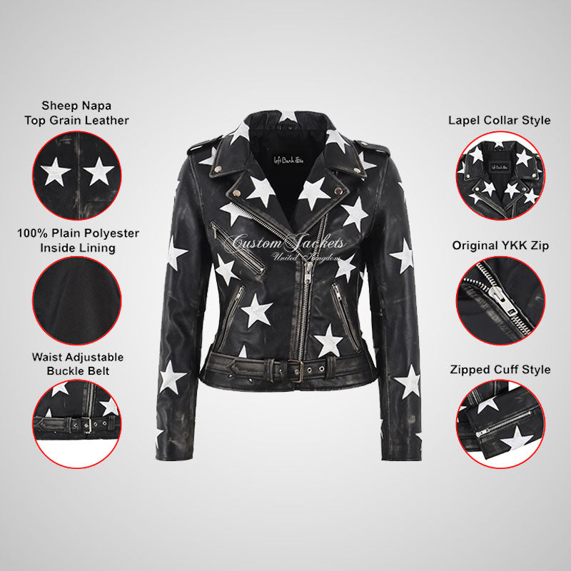 BRANDO Women Stars Leather Biker Jacket