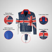 UNION JACK Men's Leather Biker Jacket in Blue