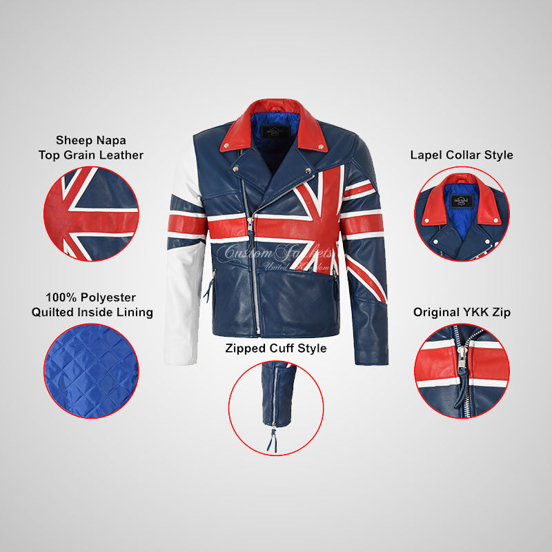 UNION JACK Men's Leather Biker Jacket in Blue