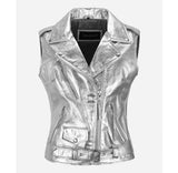 BRANDO LADIES BIKER VEST SILVER FOIL SLIM FIT PARTY FASHION LEATHER WAISTCOAT
